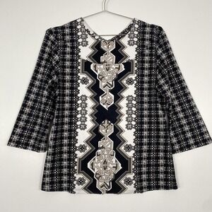 J McLaughlin Top Womens Large Black Geometric 3/4 Sleeve V Neck Catalina Cloth